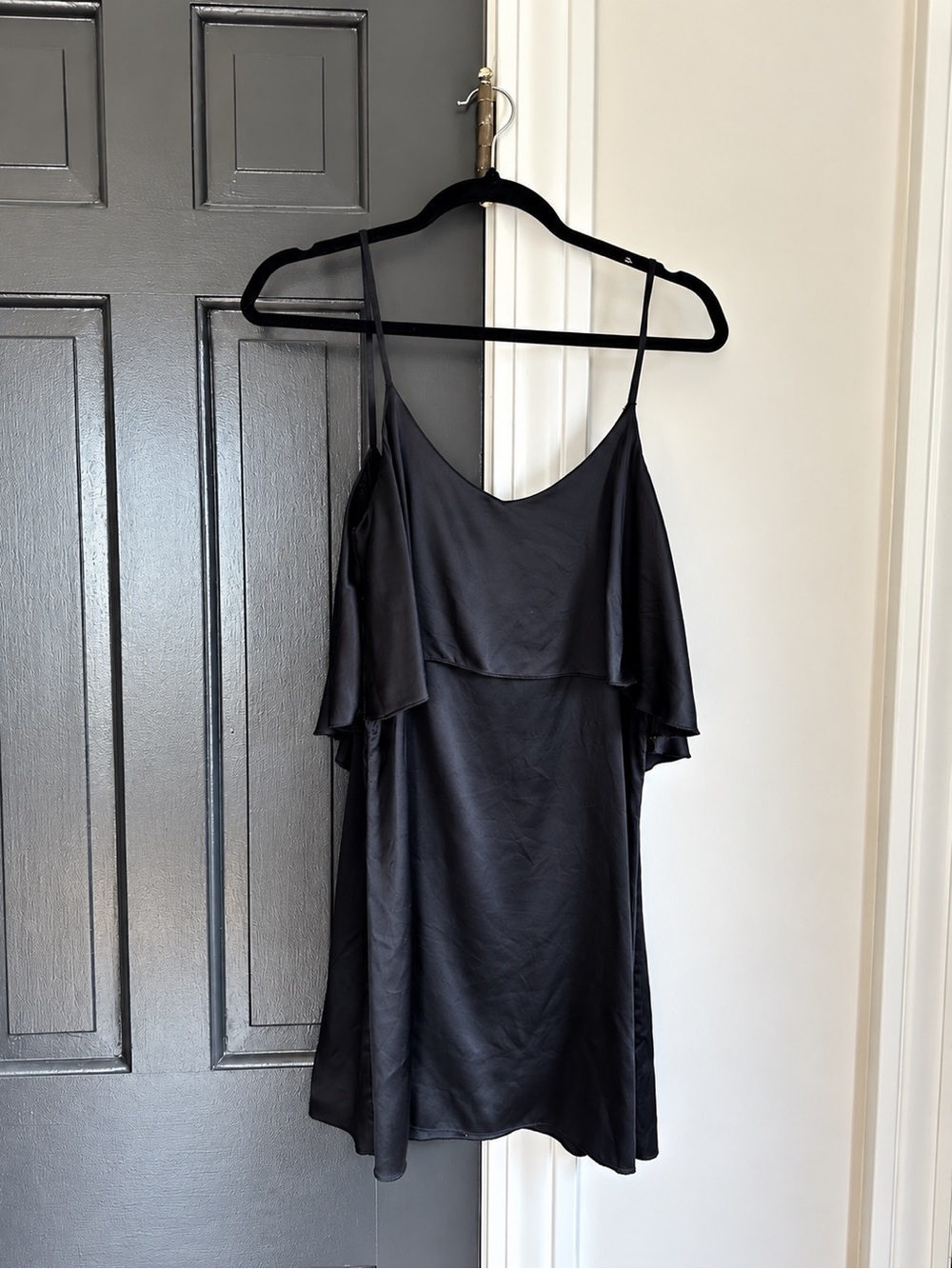 Blu Moon 100% Silk Black Ruffle Slip Dress Spaghetti Strap Small